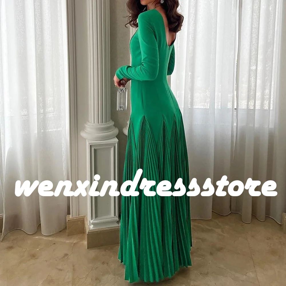 Customized Green Backless Chiffon Long Sleeves Evening Dresses Fashion and Classic Floor Length Pleats  Crew Neck Straight Gowns