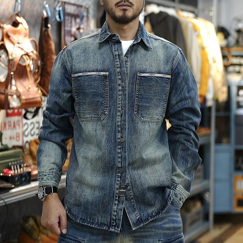 

Тяжелая винтажная джинсовая куртка синего цвета, американская стираная рабочая одежда в стиле ретро, рубашки свободного покроя на весну/осень