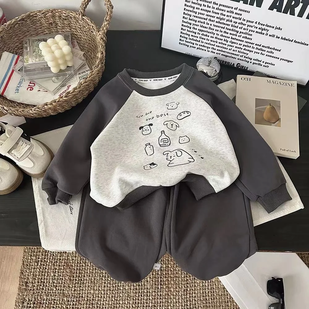 

2025 Autumn New Children Active Set Cartoon Round Neck Hoodie Boys Girls Casual Sports Boys Sweatpants Two Piece Set Baby Girls