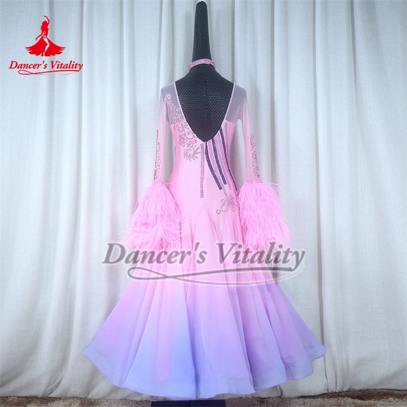 Adult Pink-purple Gradient Color Social Dance Ostrich Feather Long Flared Sleeves Big Swing Dress for Female High-end Customized