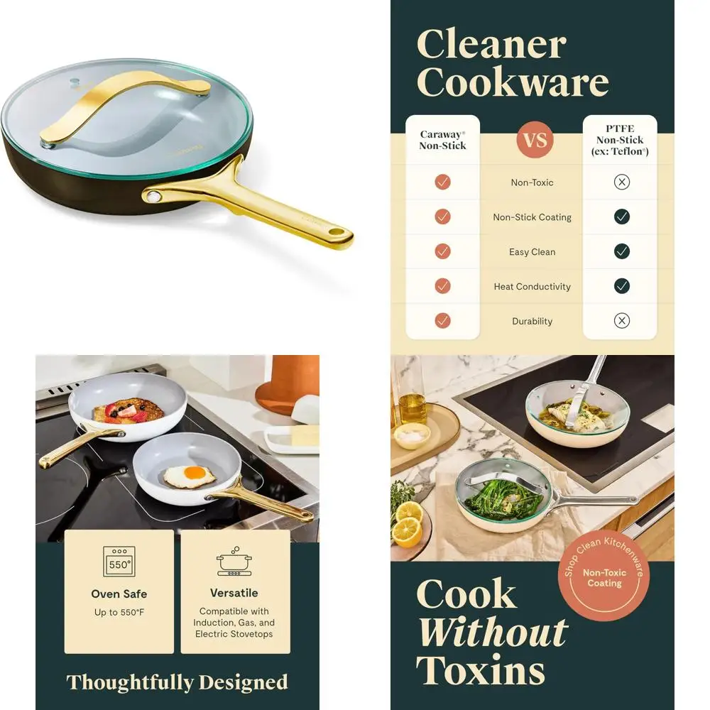 

Ceramic Nonstick Frying Pan 2.7 Qt, 10.5 Inches, Oven Safe, PTFE and PFOA Free, Compatible with Aluminum, Glass Lid Included - H