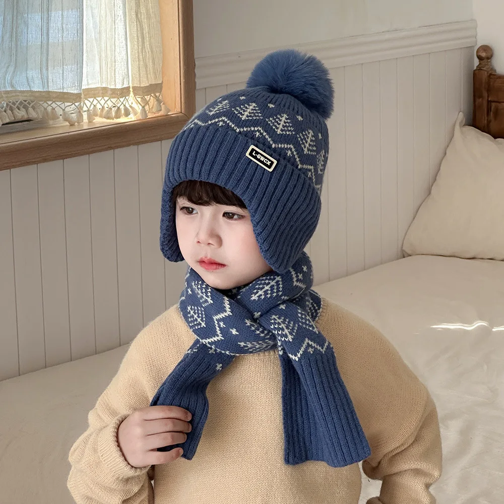 Winter Fashion Kids Knitted Hat with Scarf Boys Outdoor Warm Beanie Hats Primary Students Ear Protection Cap Scarf Sets 4-10Y
