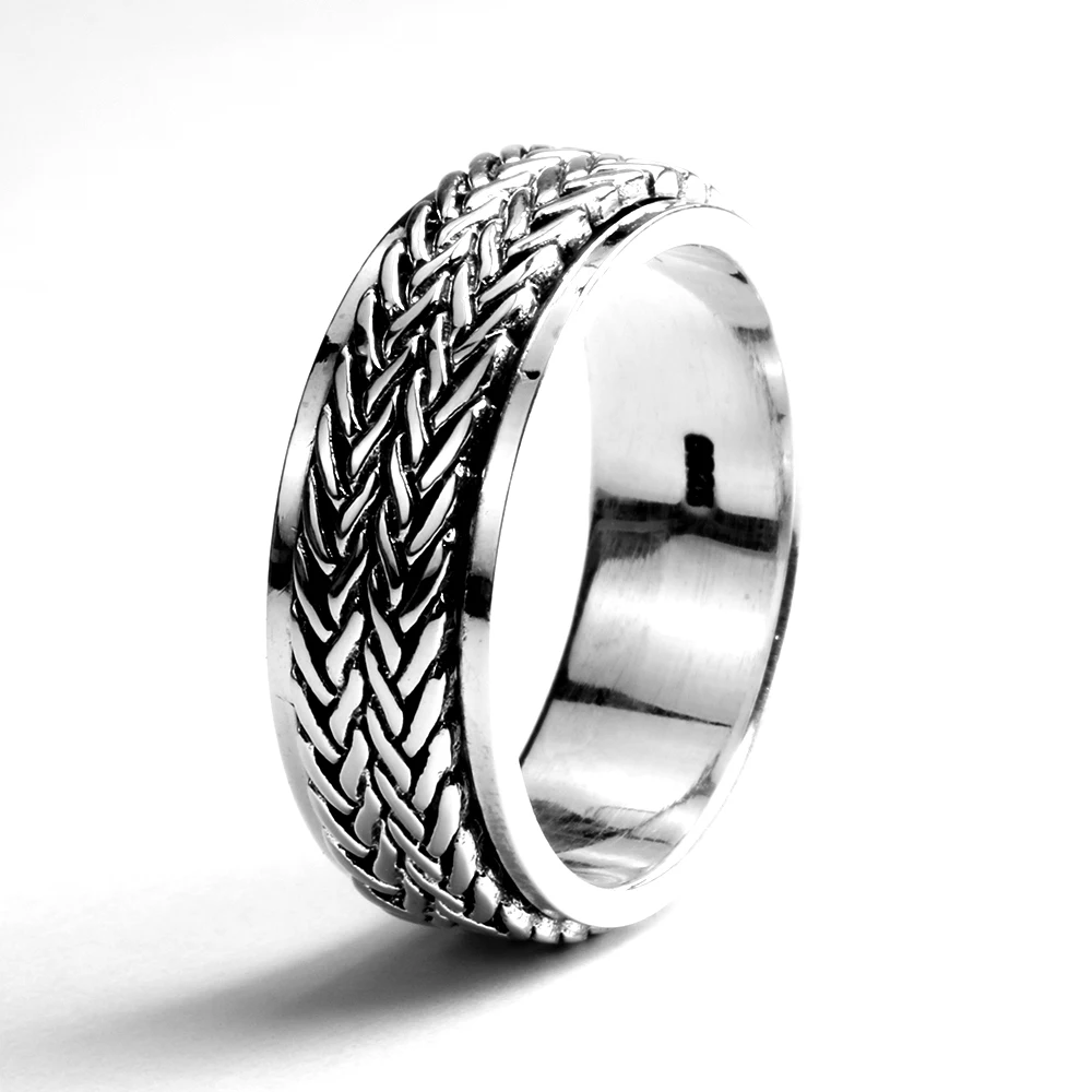 925 Sterling Silver Rotatable Rings For Men And Women Simple Hemp Rope Type Spinner Vintage Male Jewelry