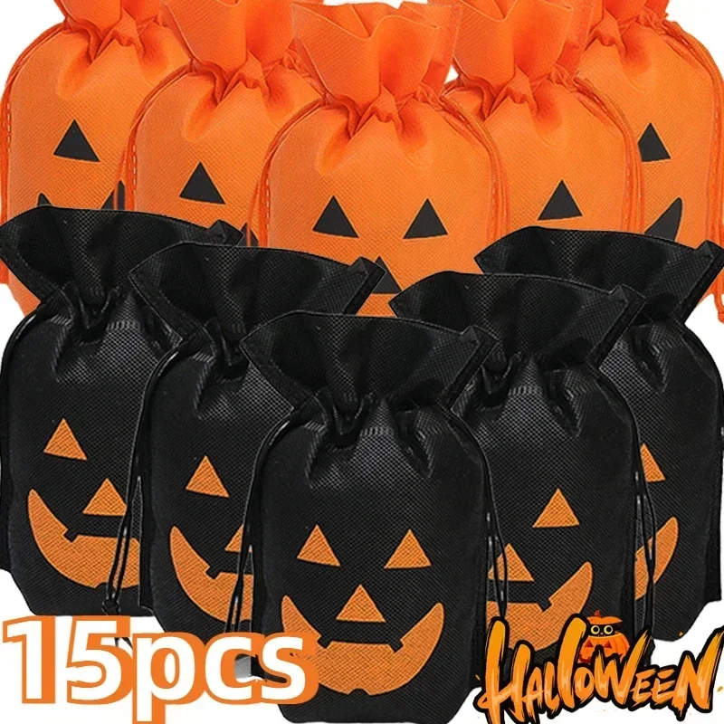 15/5PCS Halloween Pumpkin Candy Bag Non-woven Portable Biscuit Gift Bag Sugar Storage Pouch Halloween Party Supplies Kids Favors