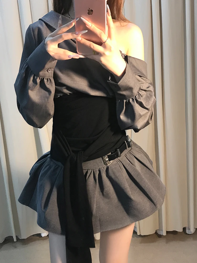 

Retro Korean Style Women's Long Sleeve Shirt And Short Skirt Two-Piece Set Slimming Spring Fashion Outfit Casual Business Wear