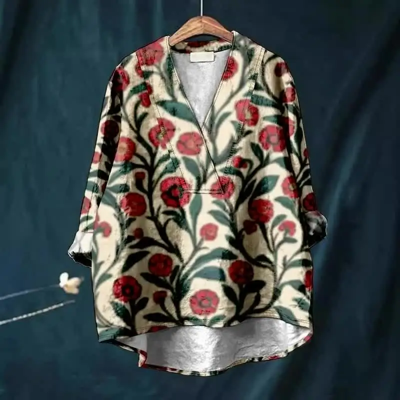 

New printed women's casual V-neck shirt, retro flower Harajuku kimono shirt, fashionable retro shirt, summer comfortable top
