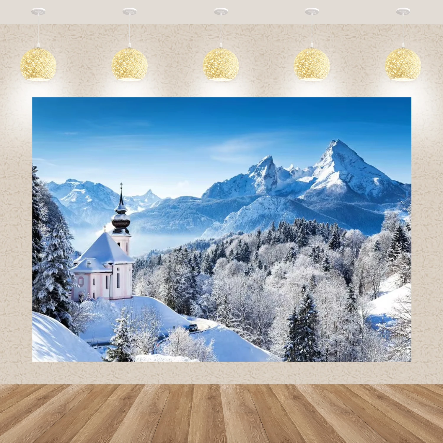 Winter Theme Snow Scene Background Pine Forest Mountain Nature Landscape Sky Snowflake Family Christmas Portrait Prop Decoration