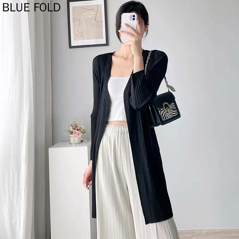 Miyake Trench Coat Women's Spring and Autumn Thin Style High-end Feel Pleated Texture Women's Outerwear Medium Length Cardigan