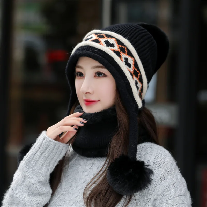 New Winter Plush Warm Wool Peruvian Hat Sweet Cycling Bib Suit Knitted Cap Double Pompon Hat Chunky Cable Knit Earflap Crochet