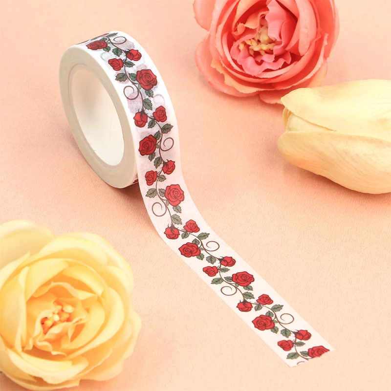 

2022 New 1PC 15mm*10m Decorative Valentine Red Rose Flowers Washi Tape Scrapbooking Masking Tape Office mask washi tape