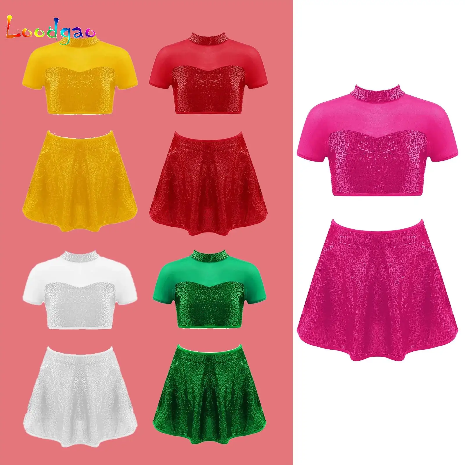 

Sequins Jazz Dance Set Ballet Dance Dress Kids Girls Crop Top with Skirt Set for Gymnastics Shiny Stage Performance Costume