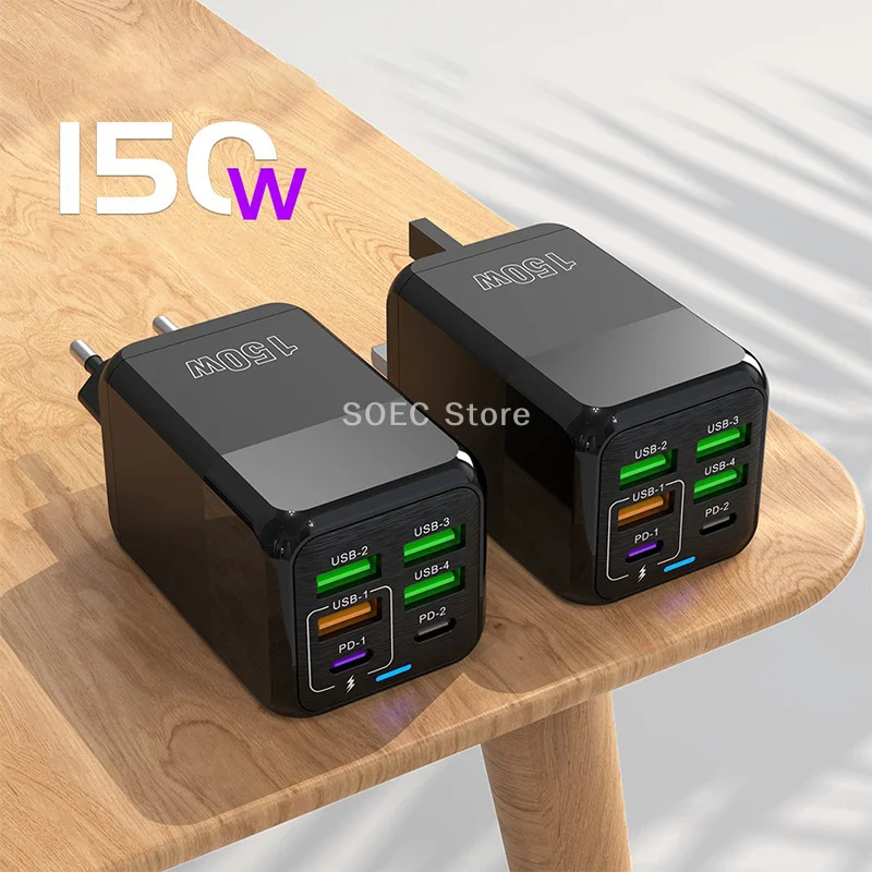 150 واط 6 منافذ 4USB + 2TYPE-C شاحن آيفون أندرويد لشاومي هواوي PD شحن سريع للغاية محول الطاقة رحلة عمل