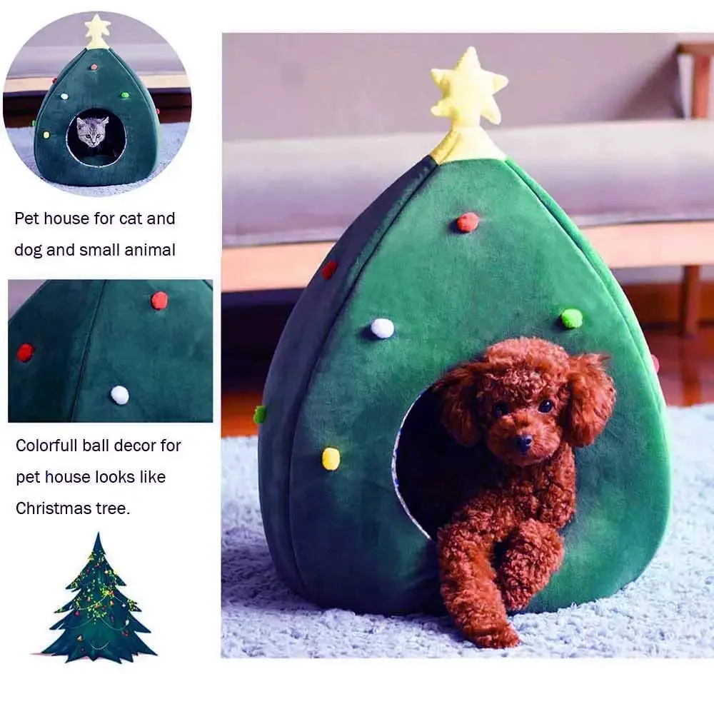 Christmas Tree Cat Bed Folding Dog House Winter Warm Soft Semi-closed  Kitten Hiding House Cats Condo Accessories Houses for Dog