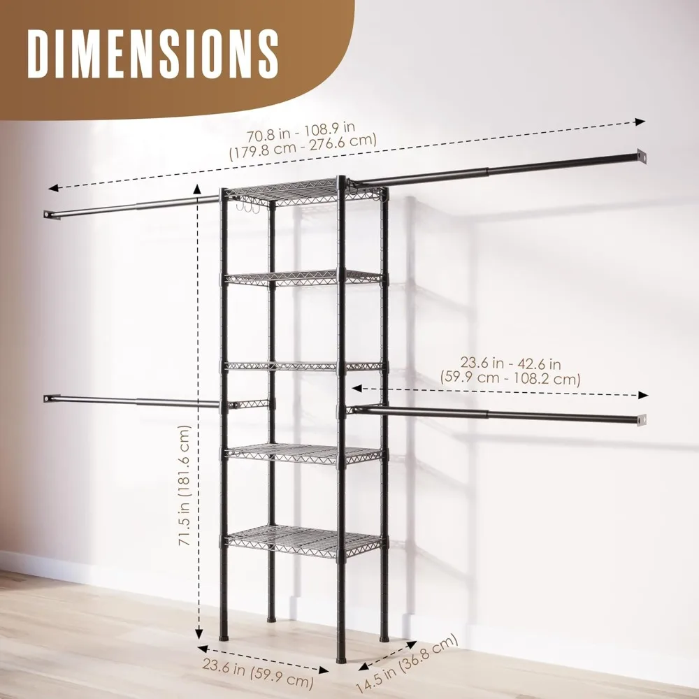 Heavy Duty Clothes Rack, Closet Shelves Wall Mounted, Closet Storage System, Walk-In Closet, Built-In Garment Rack Adjustable