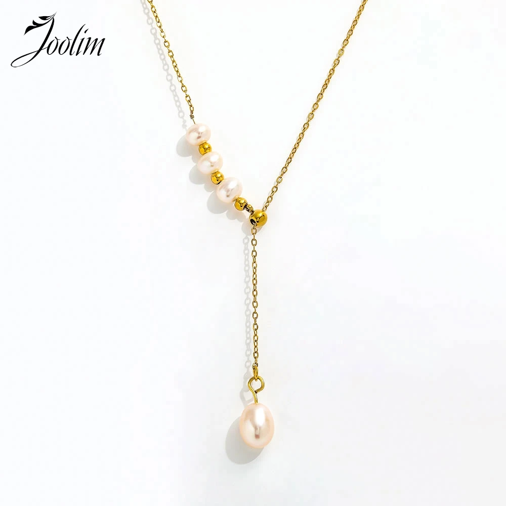 

Joolim Jewelry Wholesale No Fade Fashion Adjustable Freshwater Pearl Pendant Y-shaped Chain Stainless Steel Necklace for Women