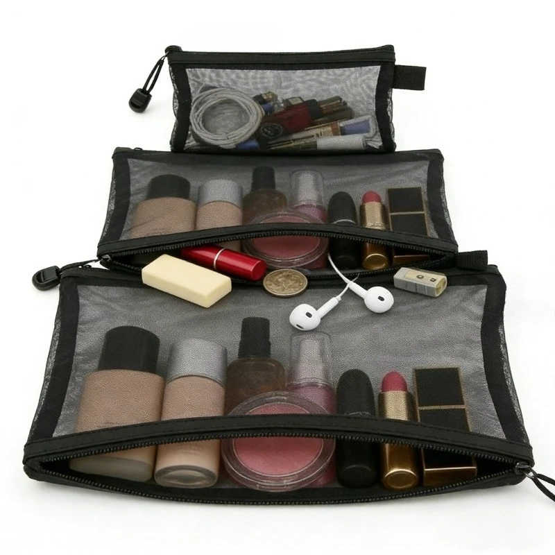 Black Mesh Pencil Stationery Bag Zipper Toiletry Bags Travel Cosmetics Jewelry Organizer Case Pouch S / M / L Size Available