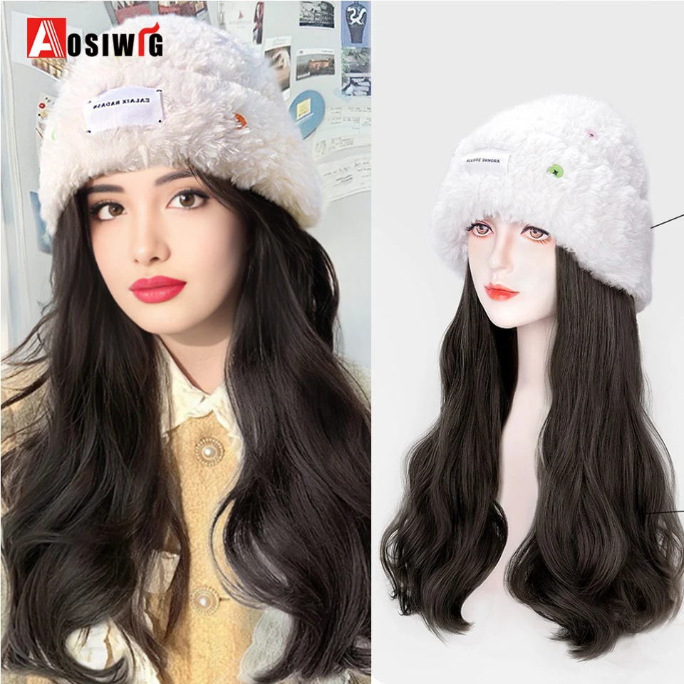 Synthetic Hat Wig Long Wavy Curly Wigs For Women Autumn Winter Fashion Cap Hair Wig Hair Extensions Heat Resistant Fake hair