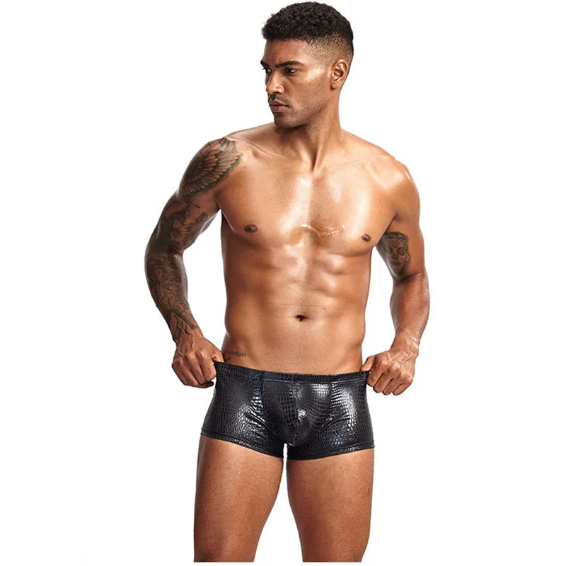 Snake Skin Leather Sexy Mens Underwear Boxers Brand Open Front Crotchless Boxer Shorts Men U Convex Low Waist Male Underpants