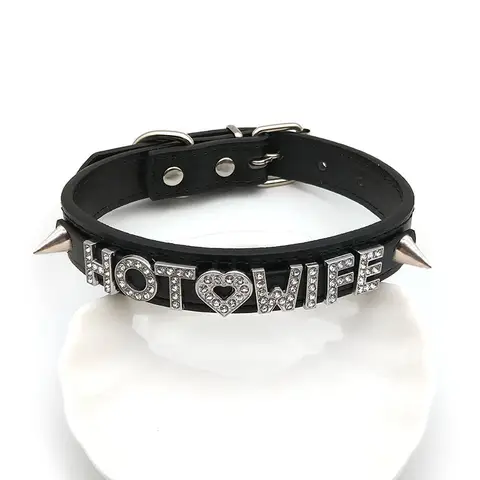 Punk Rivet Rhinestone Letters Hot Wife Collars Choker Necklaces Women Girls Sexy Intimate Leather Chocker Cosplay Jewelry Gift