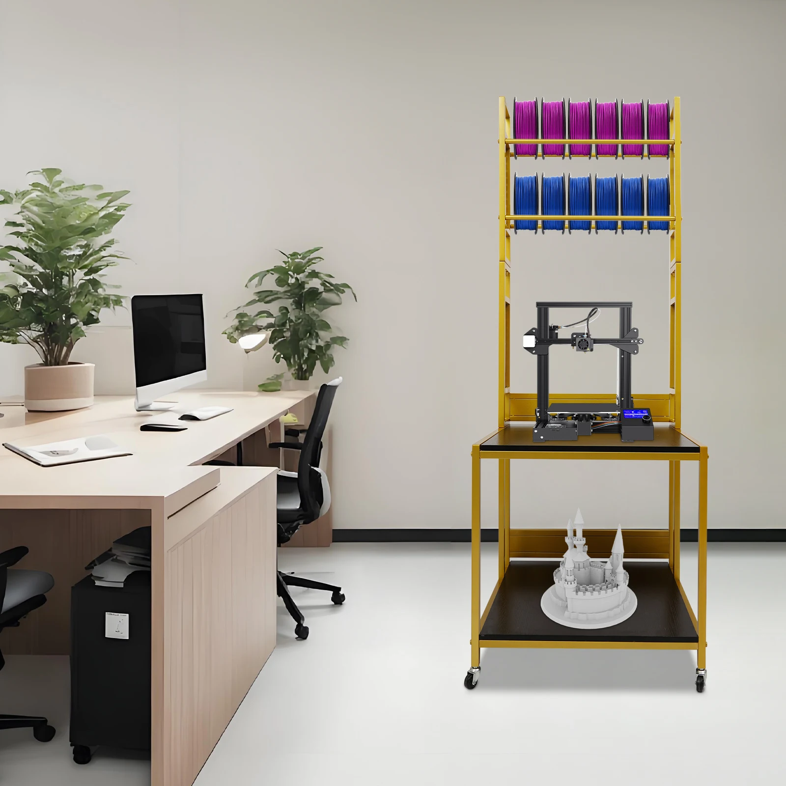 

Золотая подставка для 3D-принтера, двухслойный сверхмощный мобильный стол для принтера с колесами для организации хранения в офисе в студии