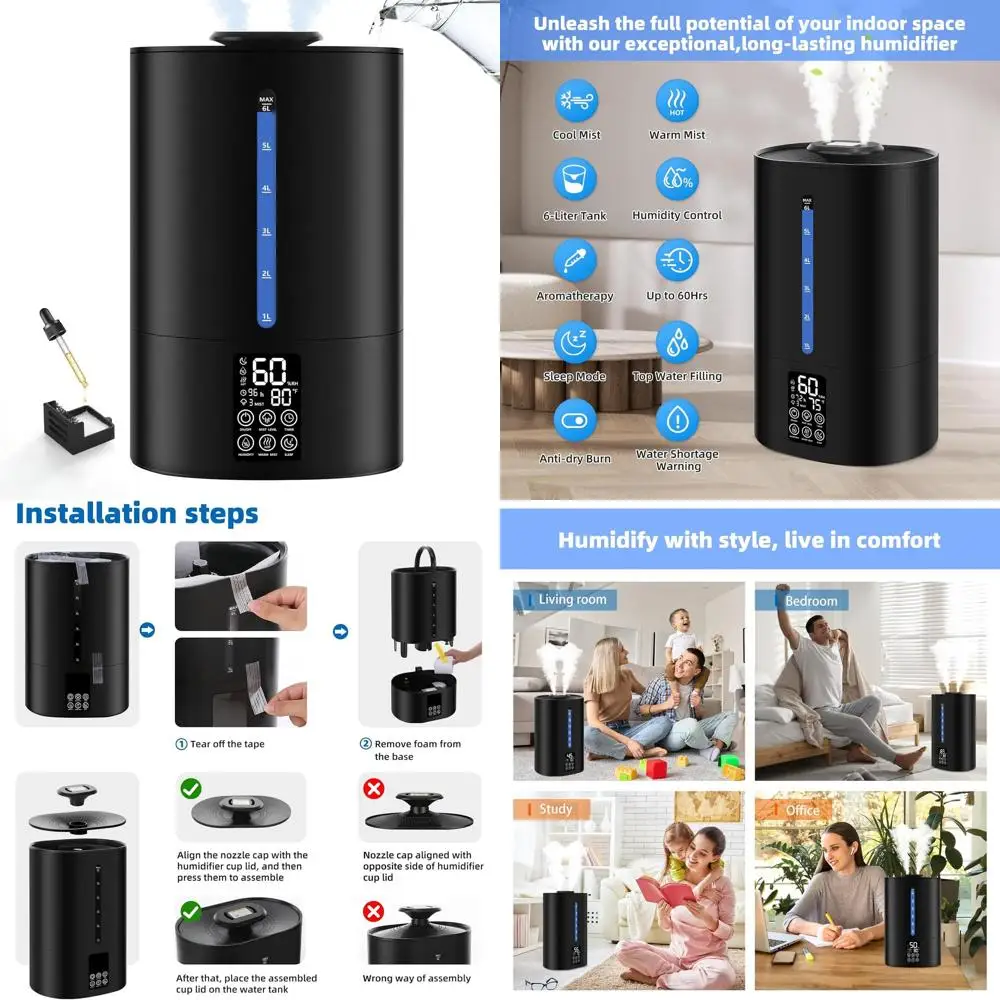 

Увлажнитель воздуха Top-Fill 6 л с теплым паром для больших помещений, детских комнат и растений — бесшумная работа, автоматический режим, 360° ° Насадка, Midnight Black