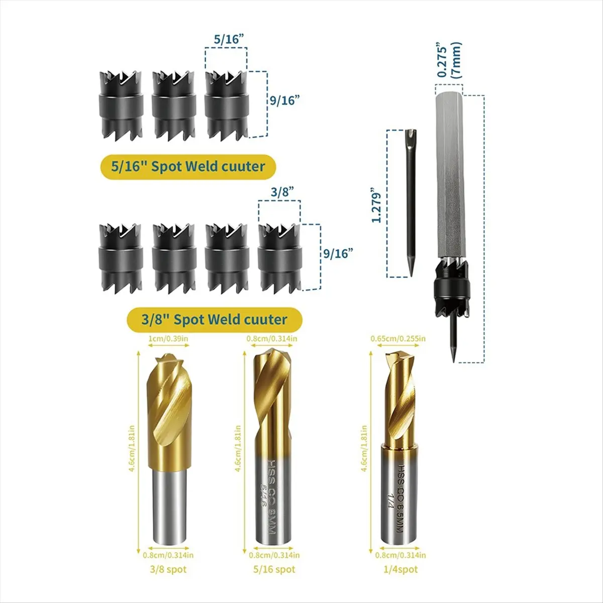 مجموعة قطع لحام نقطي مكونة من 13 قطعة، لقم ثقب HSS مزدوجة الجوانب 3/8 بوصة و5/16 بوصة، كوبالت مطلي بالتيتانيوم للمعادن والخشب #6