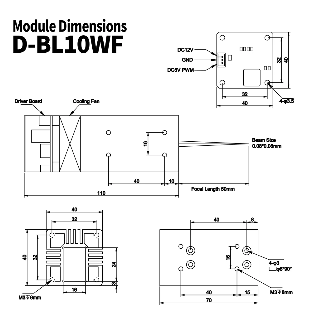 80W Laser Module Head Focal Fixed 445nm Blue Light Module for CNC Laser Engraver Cutting Engraving Marking Machine Wood Tools