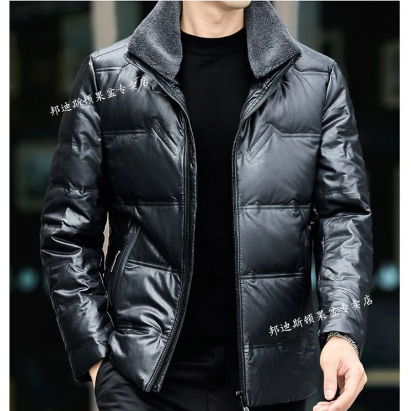 Higher Quality Mens Leather Jacket Winter Windproof 90% White Duck Down Down Jacket Collar Thick Warm Coat Outwear Puffer Coats