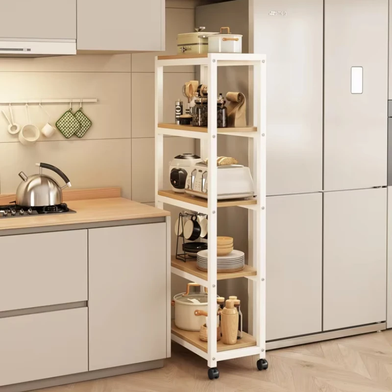 Tall Ultra-Narrow Gap Storage Cabinet Movable Powder-Coated Kitchen Floor Organizer Small Refrigerator Side Storage Rack