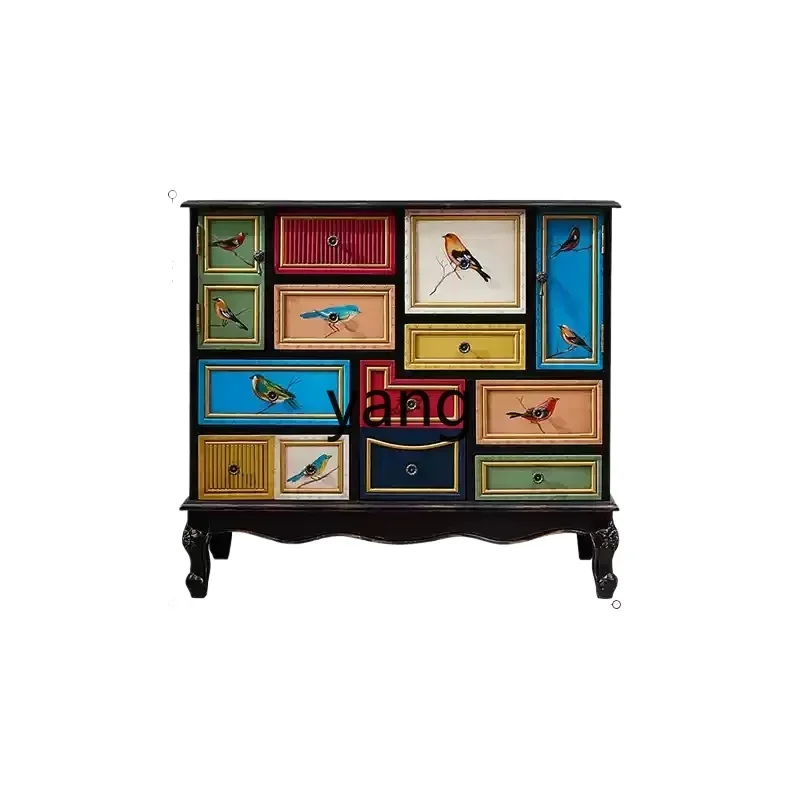 

Yjq nine-chest cabinet Mediterranean retro old painted flower dining side cabinet living room storage multi-grid storage