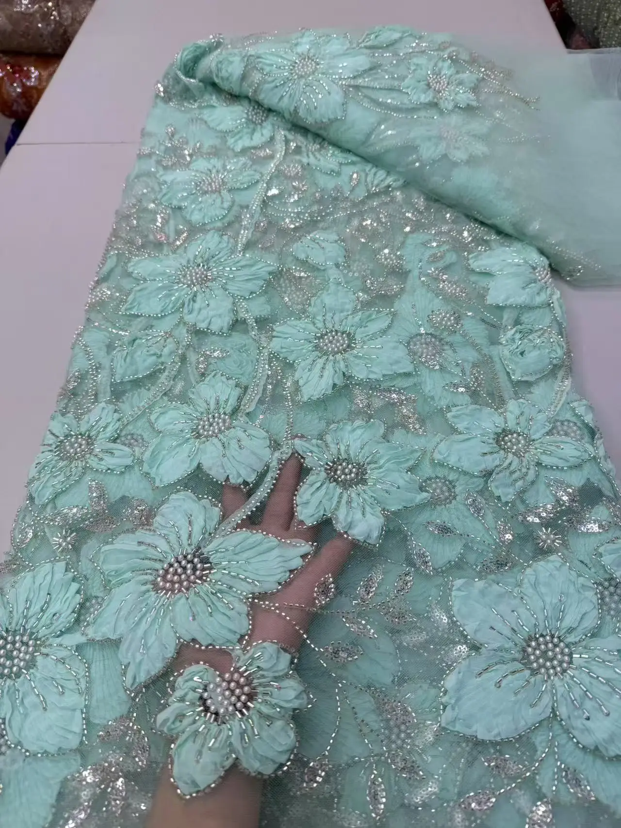 

African Beads Lace Fabric 2025 High Quality Lace Nigerian Sequins Beads Lace Fabric French Laces Fabrics For Party Dress Sewing