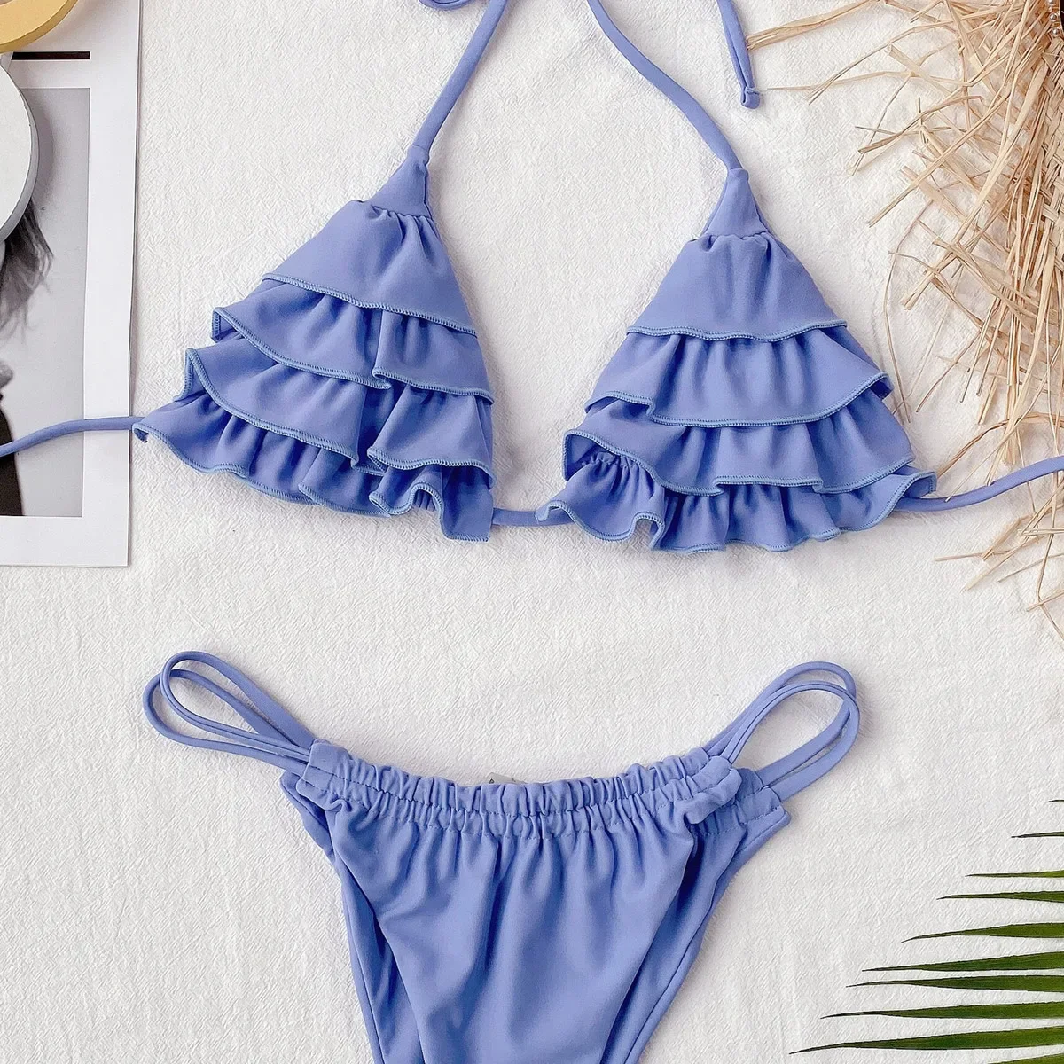 2023 Sexy Bikini Women Solid Swimwear Swimsuit Pleated Ruffle Halter Double Ropes Bikinis Set Bathing Suit Maillot De Bain Femme