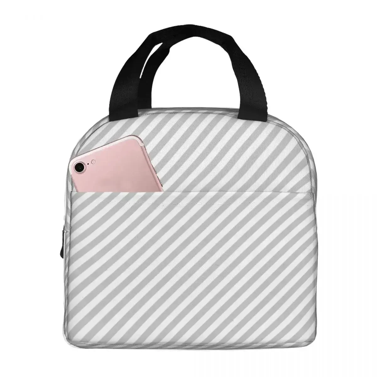 Stripes Grey Lunch Bag Portable Insulated Oxford Cooler Thermal Picnic Travel Lunch Box for Women Children