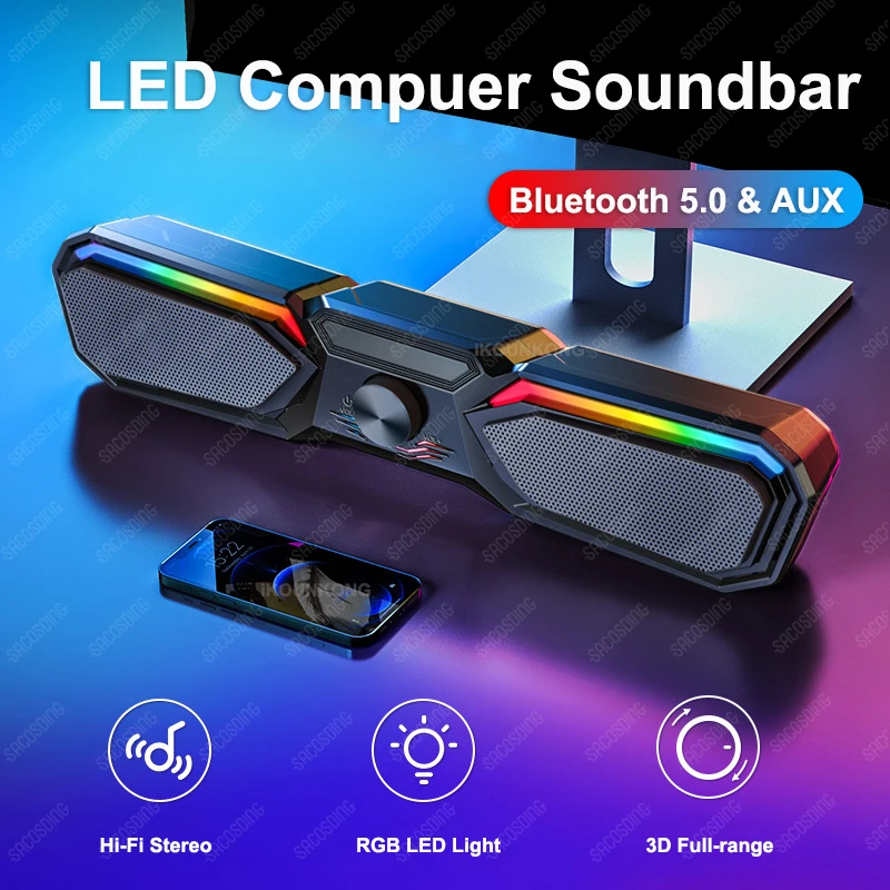 LED Computer Speakers TV Sound Bar Bluetooth Speaker AUX USB Wired and Wireless Home Theater System Sound Bar PC Soundbar RGB