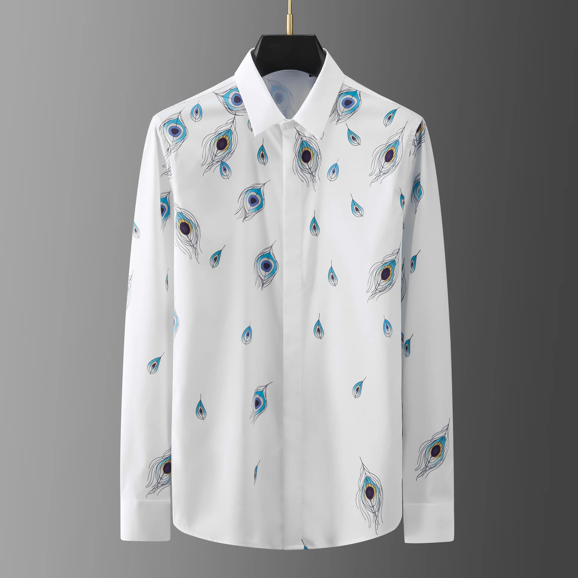 

New non ironing and wrinkle resistant men's peacock feather digital printing men's long sleeved shirt