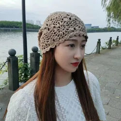 Hollowed out wool knit hat for women, fashionable casual beret, breathable bow hat, sun visor, spring and autumn CQ