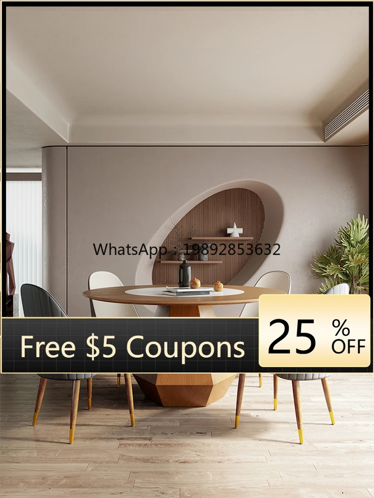 LYY Solid Wood Round Dining Table and Chair Set for Home Use, 6-Person Creative Designer Dining with Built-in Rotating Plate