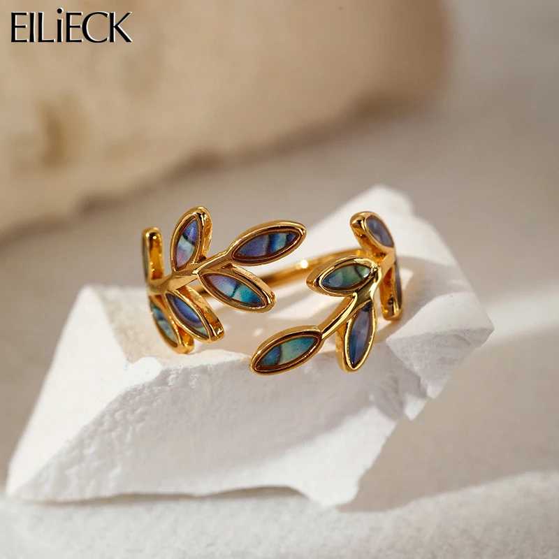 EILIECK 316L Stainless Steel Enameled Leaves Open Ring for Women Stylish Water Resistant Metal Adjustable Finger Rings Jewelry