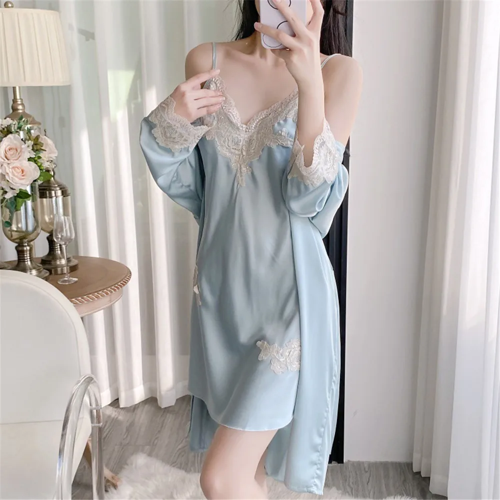 

Lace Applique Robe Nightgown Two Piece Set Sexy Short Nightdress Women's Rayon Kimono Bathrobe Gown Loose Sleepwear Homewear