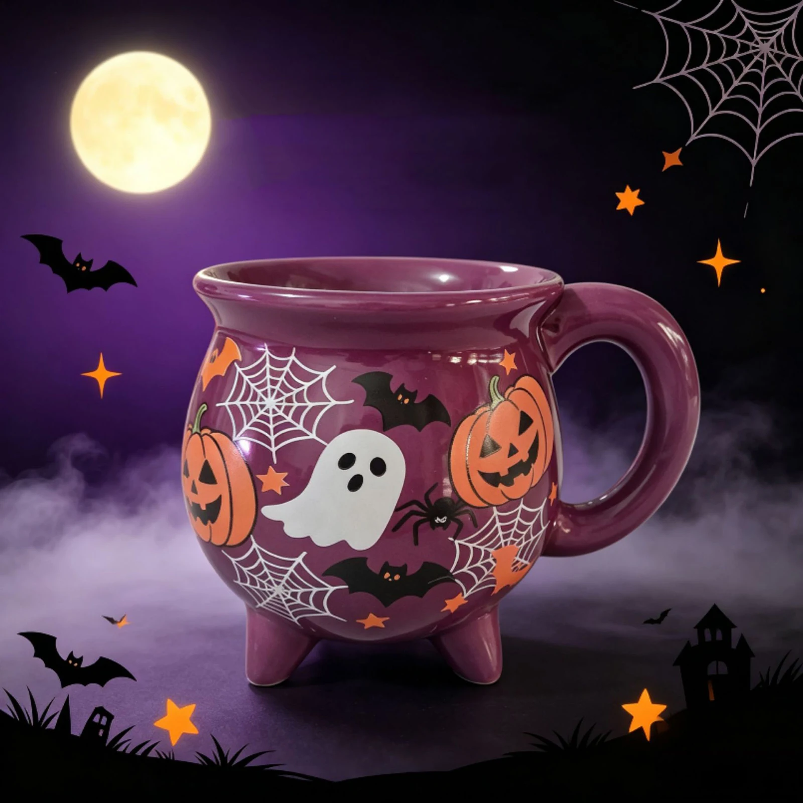 Halloween Witch Cauldron Mug, 12 Oz Novelty Ceramic Coffee Cup, Halloween Purple Witch Pumpkin Bat Spider Web Gothic Witchy Mono