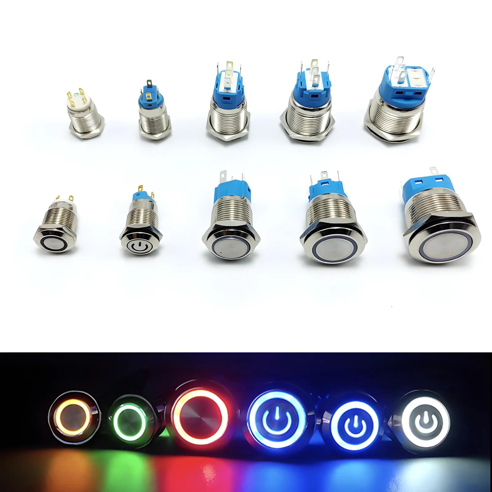 12mm 16mm 19mm 22mm Metalowy przełącznik przyciskowy z płaską główką 1NO1NC Światło LED Czerwony Yeollw Niebieski Zielony Biały 3v 12v 24v 220v