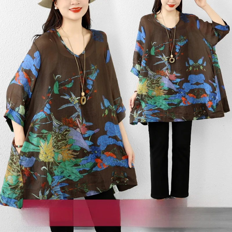 

Summer New Loose Large Size Design Sense Print Fashion Versatile round Neck Cotton Linen T-shirt Dress plus Size Citywalk Art...