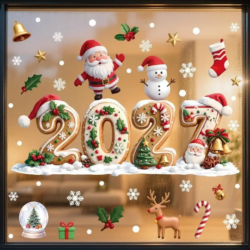 -2027 Christmas Window Clings Santa Sleigh Reindeer Gingerbread Snowman Snowflake Stickers Mall Shop Window Glass Holiday Decor