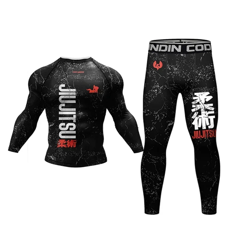 New Jiu Jitsu Rashguard MMA T-shirt +Pants For Men 4PCS/Set Brazilian Grappling Bjj Boxing Rash Guard Sport Clothing Gym Shorts image 4