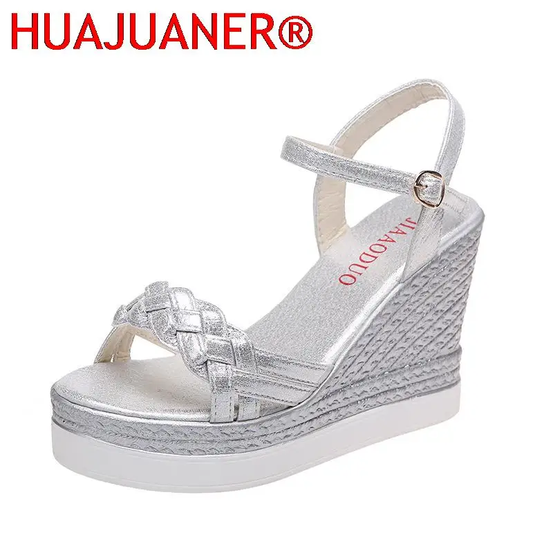 Women Summer Wedge Heel Sandals Platform Sandals Strap Open Toe Chunky Bottom Casual Shoes 2023 Gold Silver Pink Sandals 10cm