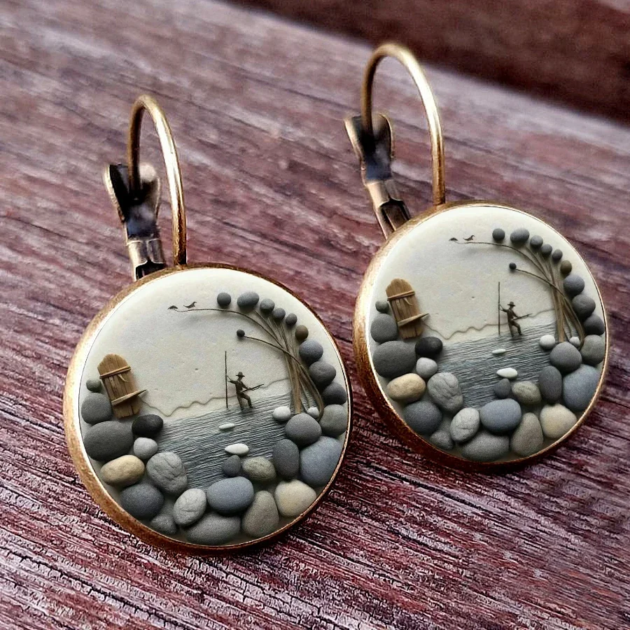 Creative Stone Earrings: Family earrings made from stone houses cute stone painted glass dome circular earrings, women\'s jewelry