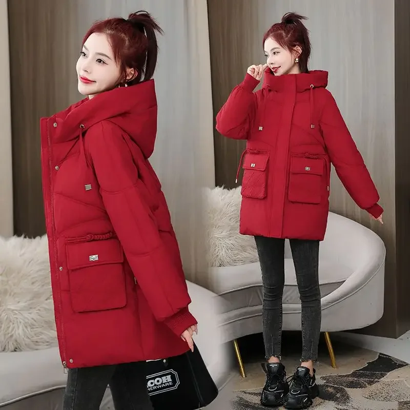 New Women's Long Sleeve Cotton Coat Korean Style Over Knee Added Length Large Collar Padded Jacket Down Cotton-padded Coat Women