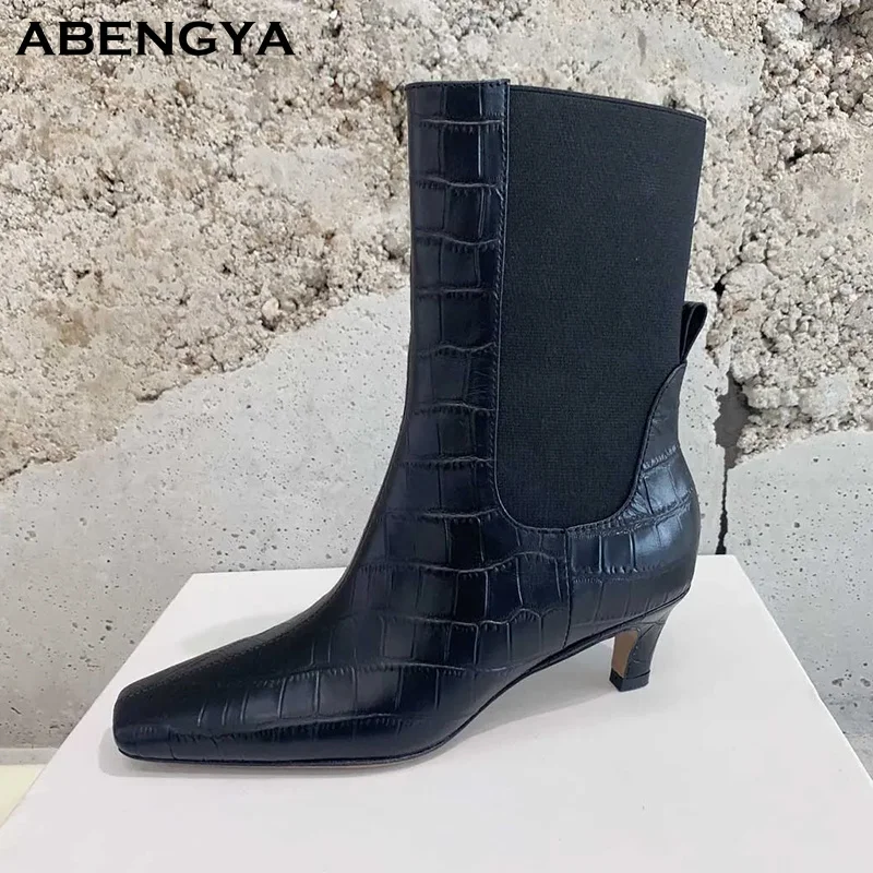 Winter Leather Middle Calf Boots For Women Square Toe Kitten High Heels Short Ankle Boots Designer Party Chelsea Boots For Women