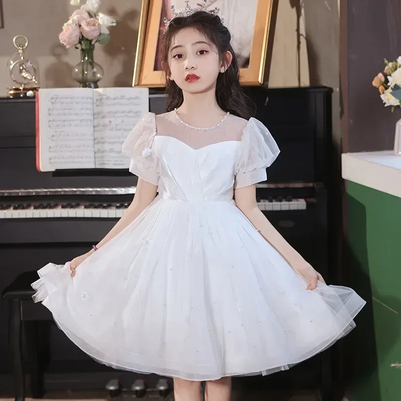 Girls' Summer Dress 2024 New Children's Fashionable White Mesh Summer Princess Dress Flower Children Fluffy Dress