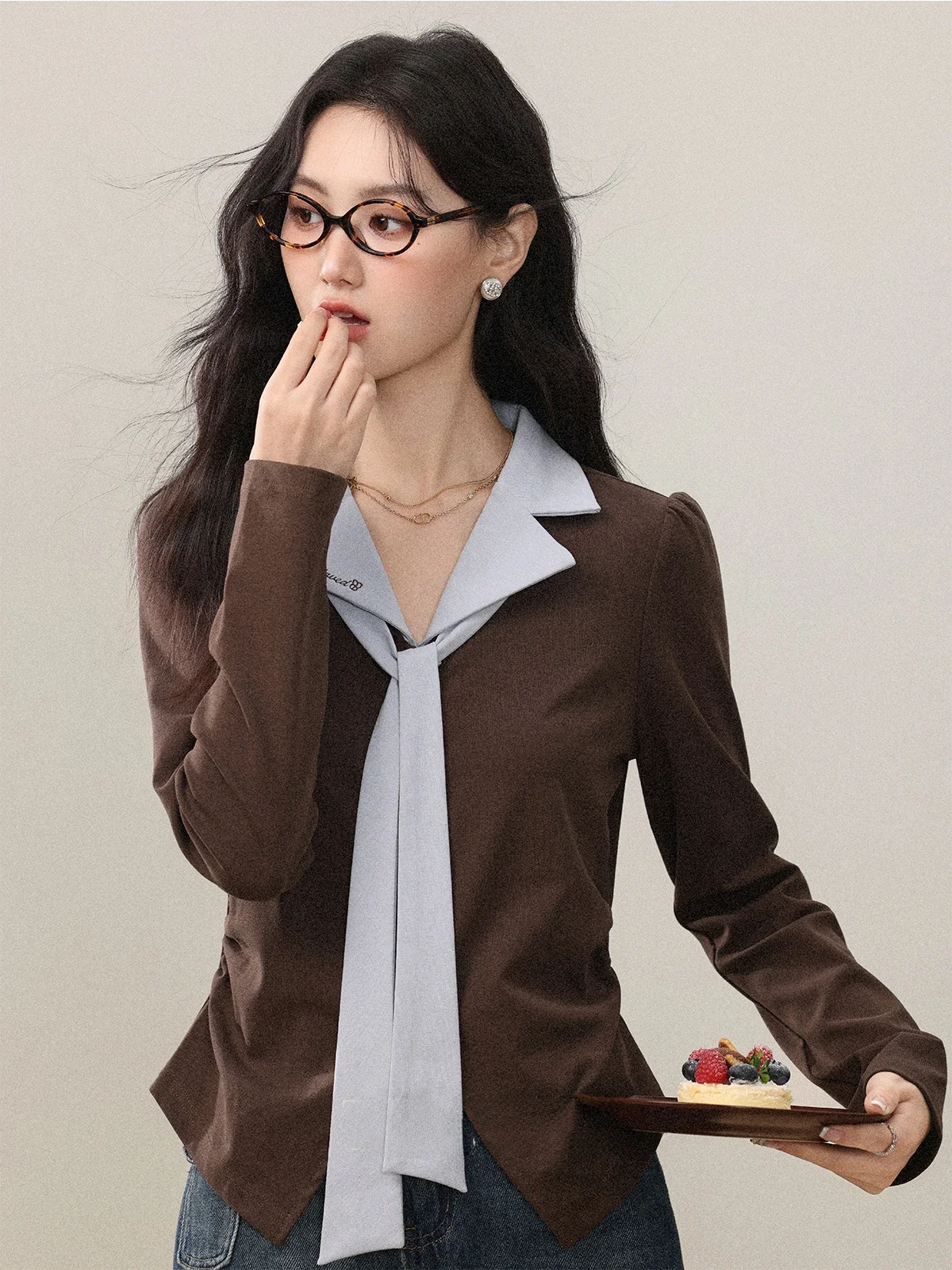 

Autumn Faion Korean Sle Coffee T-irt Women's V-Ne Belted Slimming Long Sve Top High Waist Regular Length